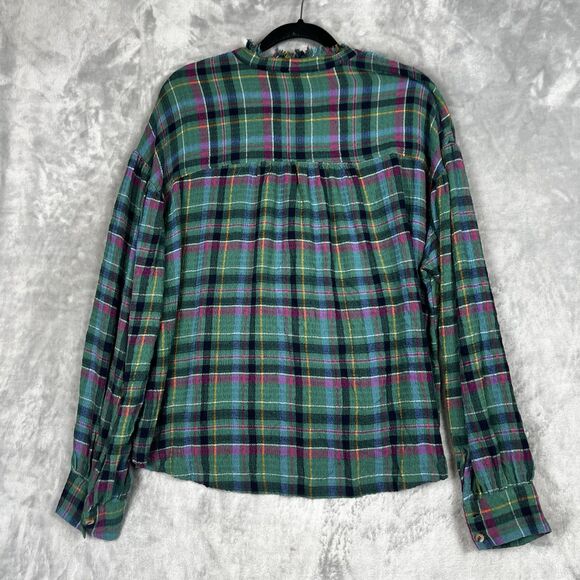 Anthropologie Pilcro Plaid Blouse Cropped Puff-Sleeve Soft Crinkle Green   Large - Picture 7 of 8
